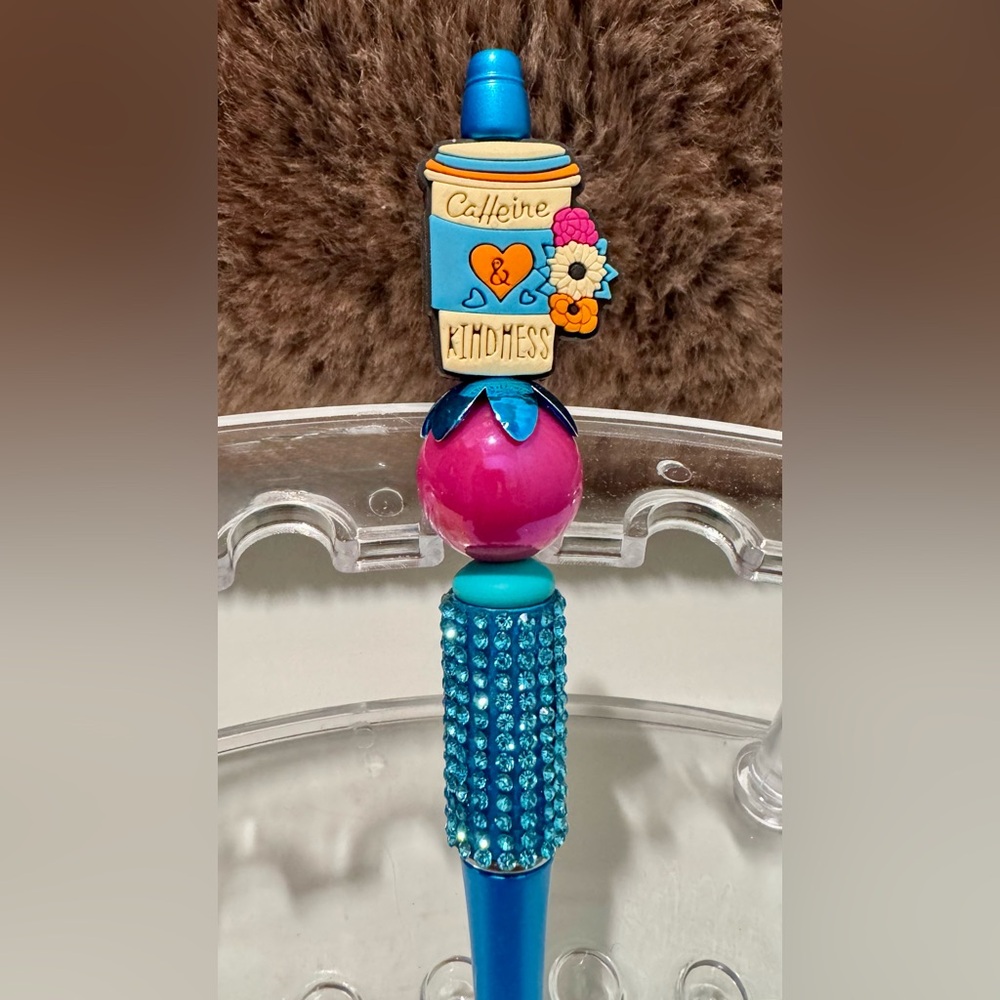Pen Coffee Caffeine and Kindness Cup Sparkly Beaded Handmade Decorated Focal